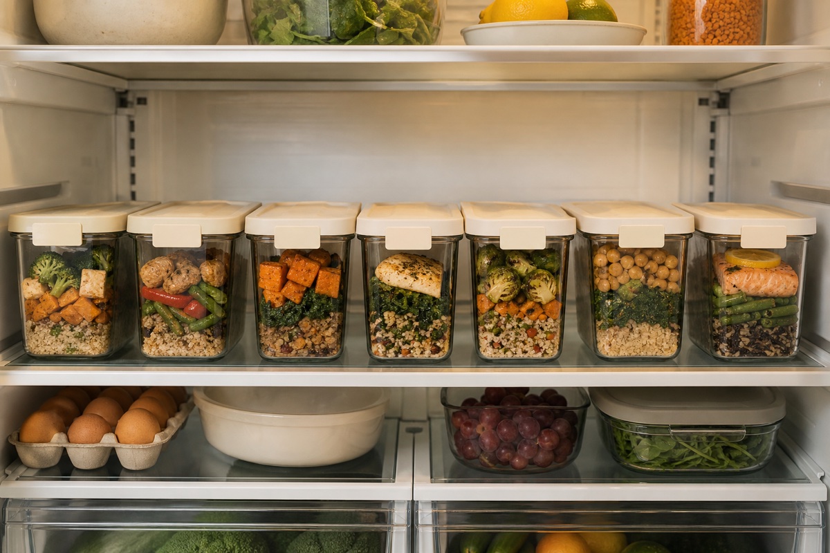 A weekly planner on a fridge door next to two containers of prepped protein
