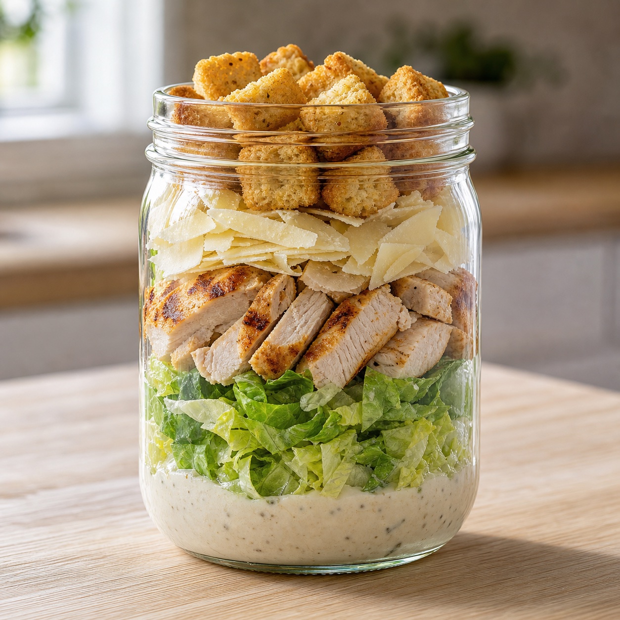 A glass jar layered with Caesar dressing, cos lettuce, sliced grilled chicken, parmesan, and croutons