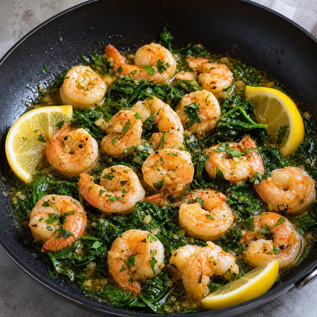A pan of garlic butter prawns over wilted greens, finished with lemon and parsley
