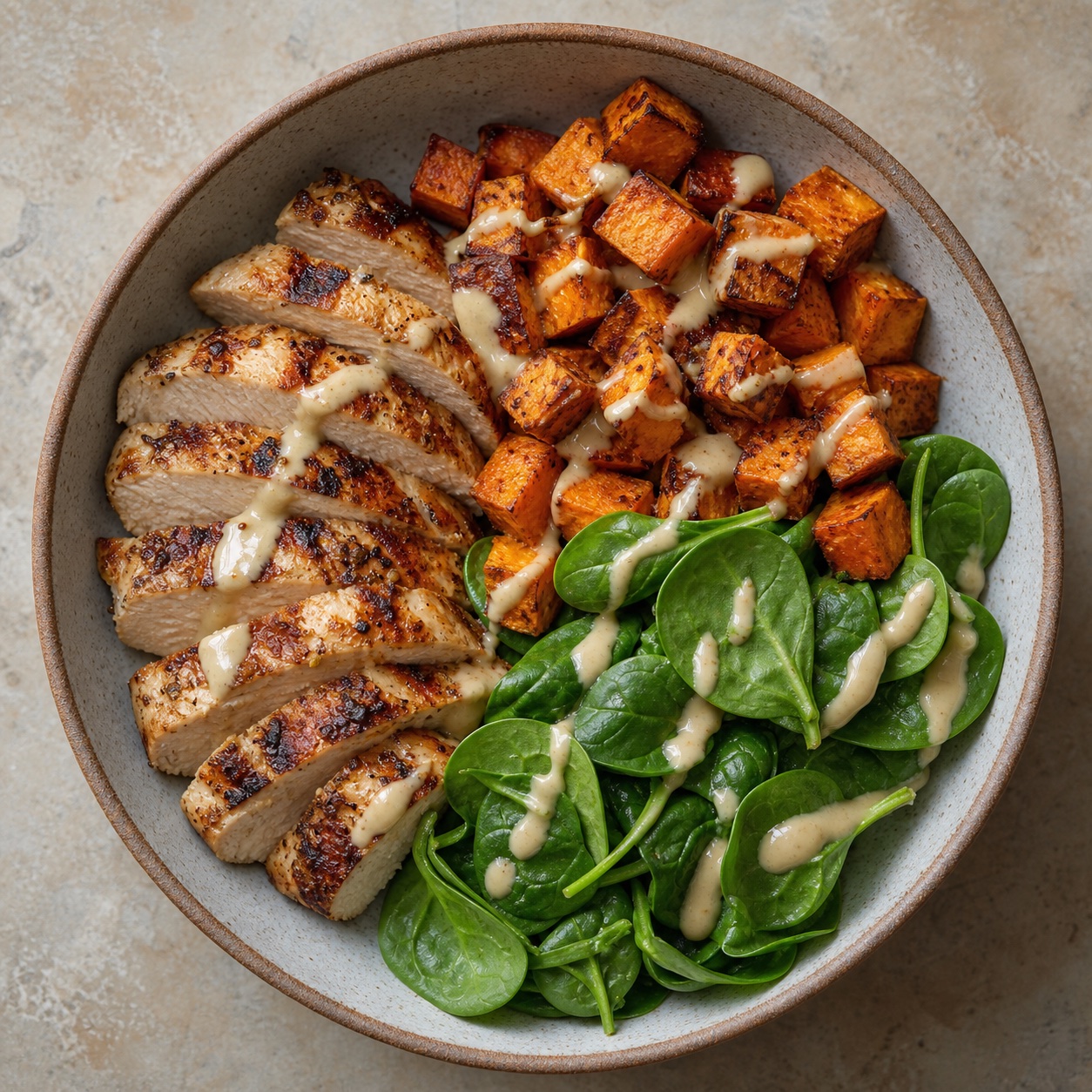 Overhead view of a grain bowl with sliced grilled chicken, roasted sweet potato cubes, baby spinach, and a tahini dressing in a ceramic bowl