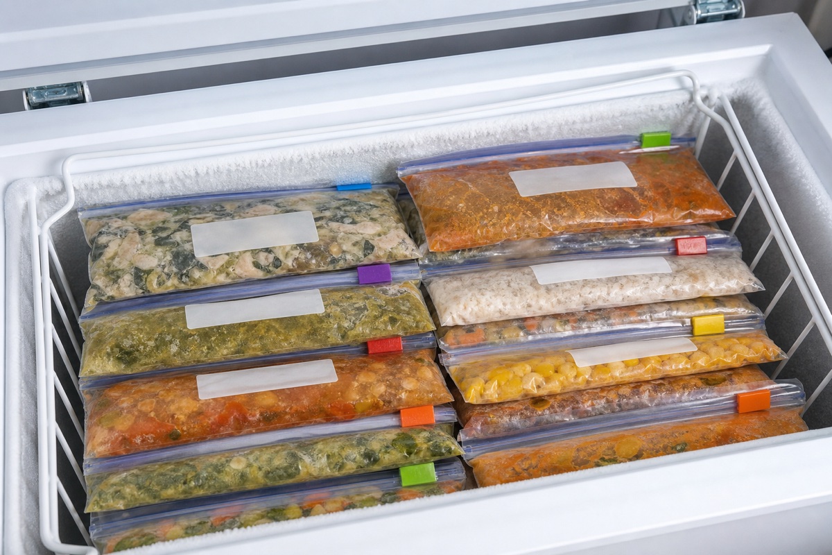 A freezer drawer with labelled flat freezer bags of portioned meals stacked on their sides