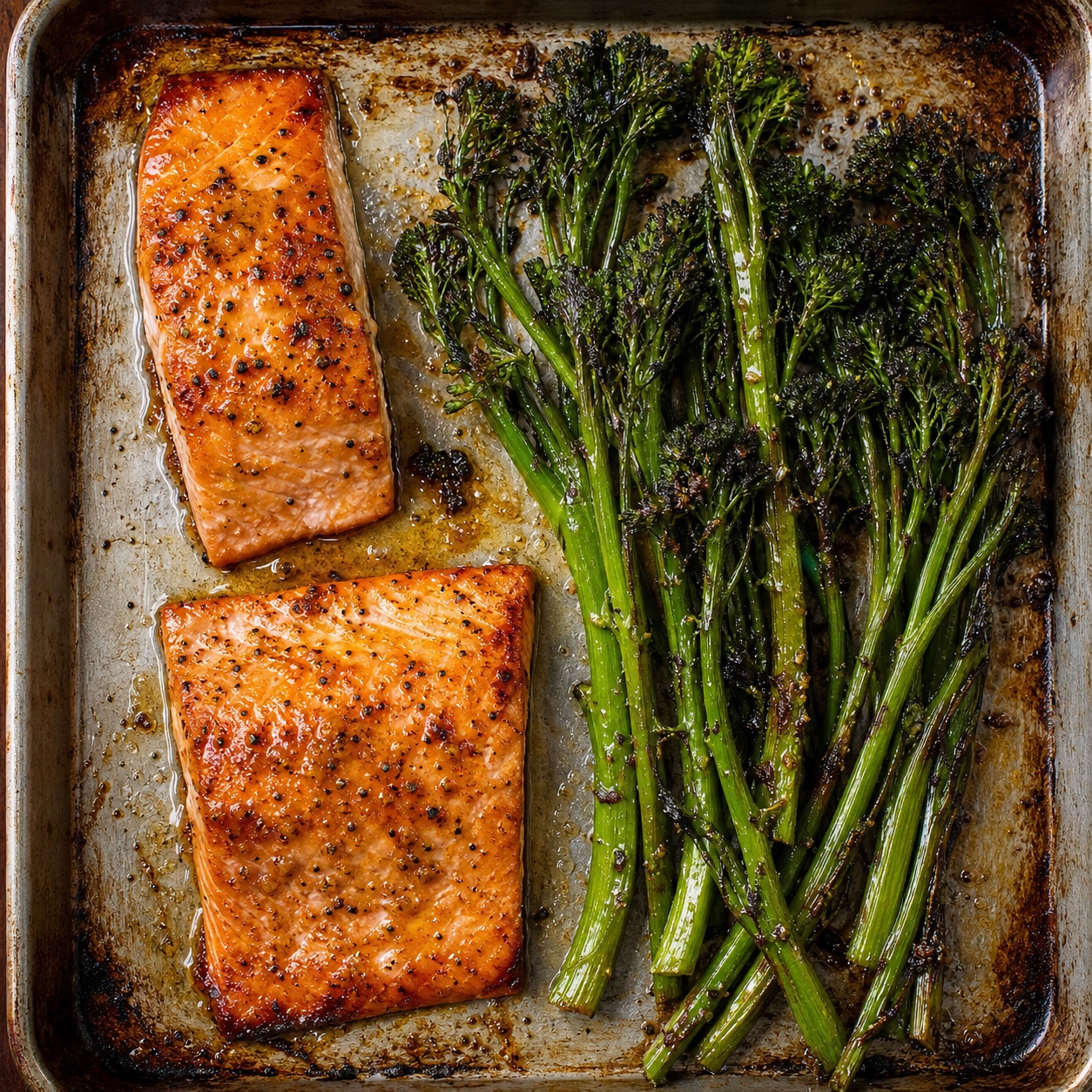 Two salmon fillets and a bunch of roasted broccolini glazed with miso butter on a sheet pan