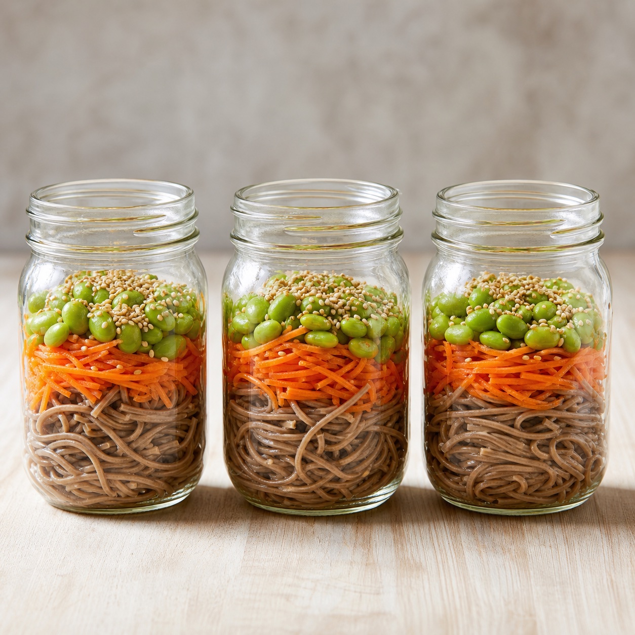 Three glass jars layered with soba noodles, shredded carrot, edamame, and sesame seeds