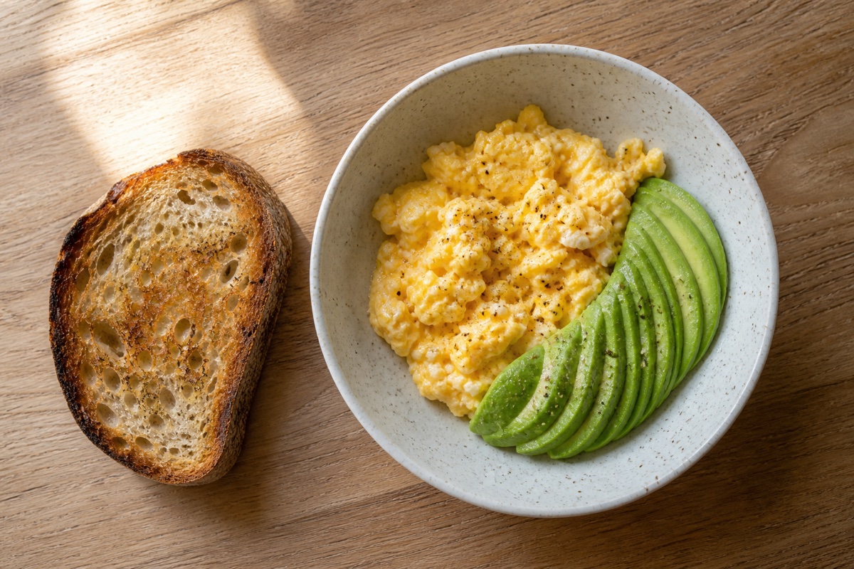 A bowl of eggs and greens on a kitchen counter, shot at eye level in soft morning light