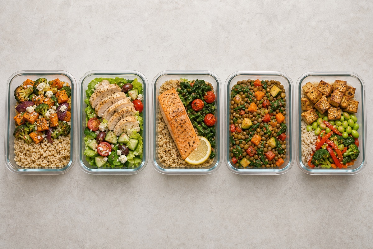 Three different jarred lunches lined up in a fridge door — a noodle jar, a Caesar jar, and a grain bowl container