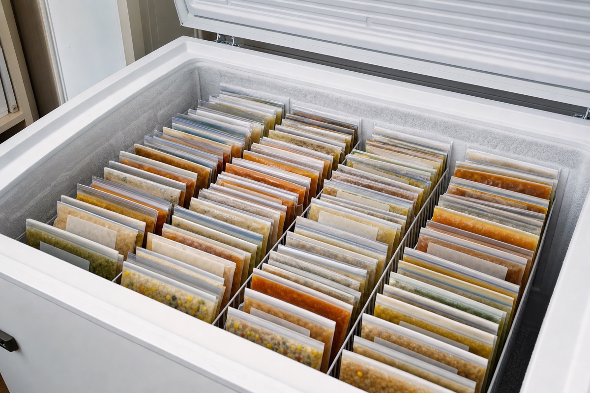 A freezer drawer with several labelled flat freezer bags of portioned meals stacked on their sides