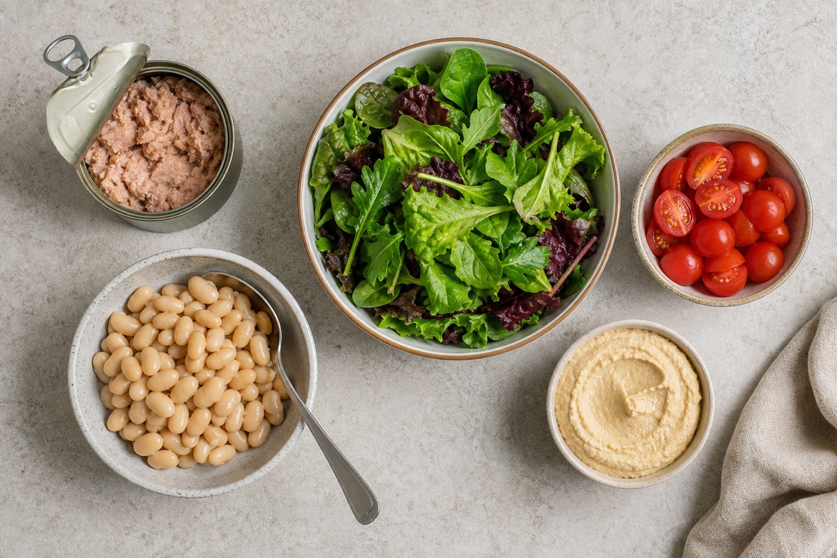 A kitchen counter with tinned beans, tinned tuna, oats, and fresh vegetables laid out with no stovetop or oven in use