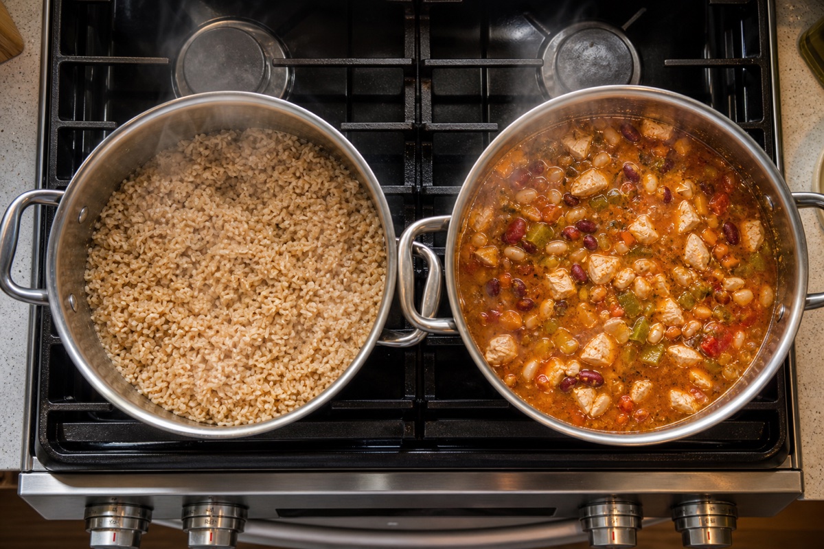 Two pots on a stovetop, one with roasted chicken and one with spiced beef mince, surrounded by prepped vegetables