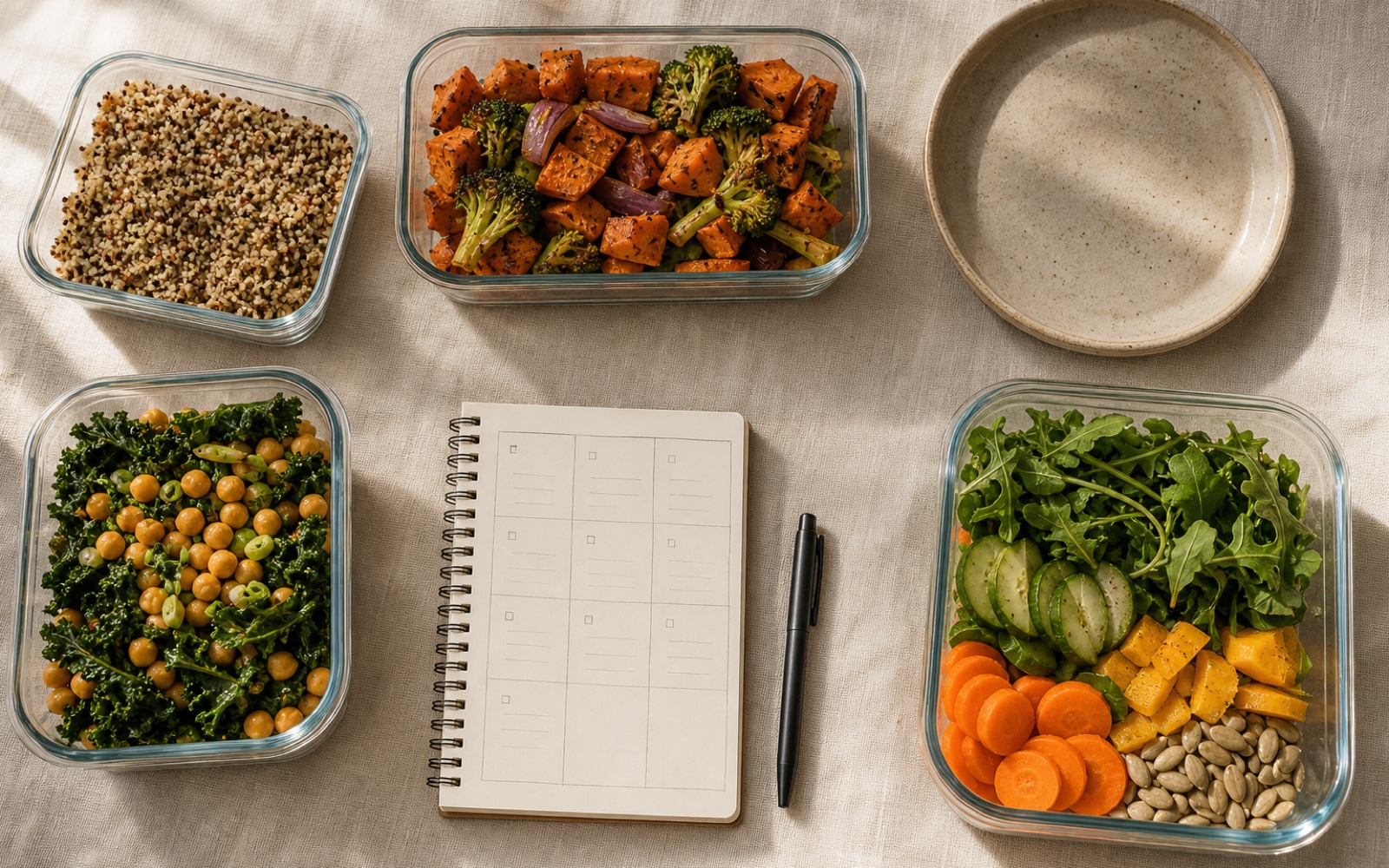Overhead flat lay of weekly meal-prep containers — roasted vegetables, quinoa, a kale and chickpea salad — next to a planning notebook and pen